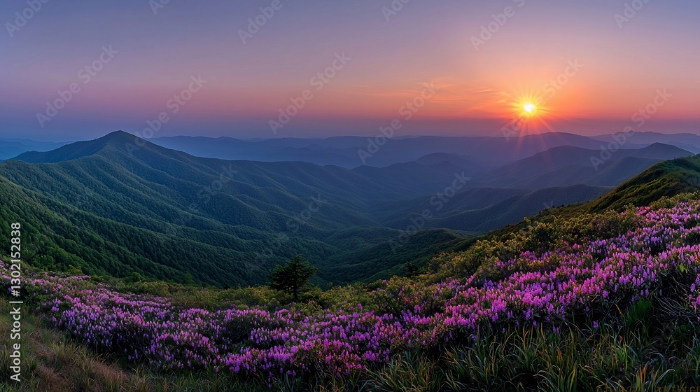 Sunset over rolling hills covered in vibrant purple rhododendrons. Sunset over rolling hills covered in vibrant purple rhododendrons.