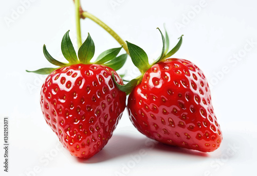 Two vibrant red strawberries with green stems on white