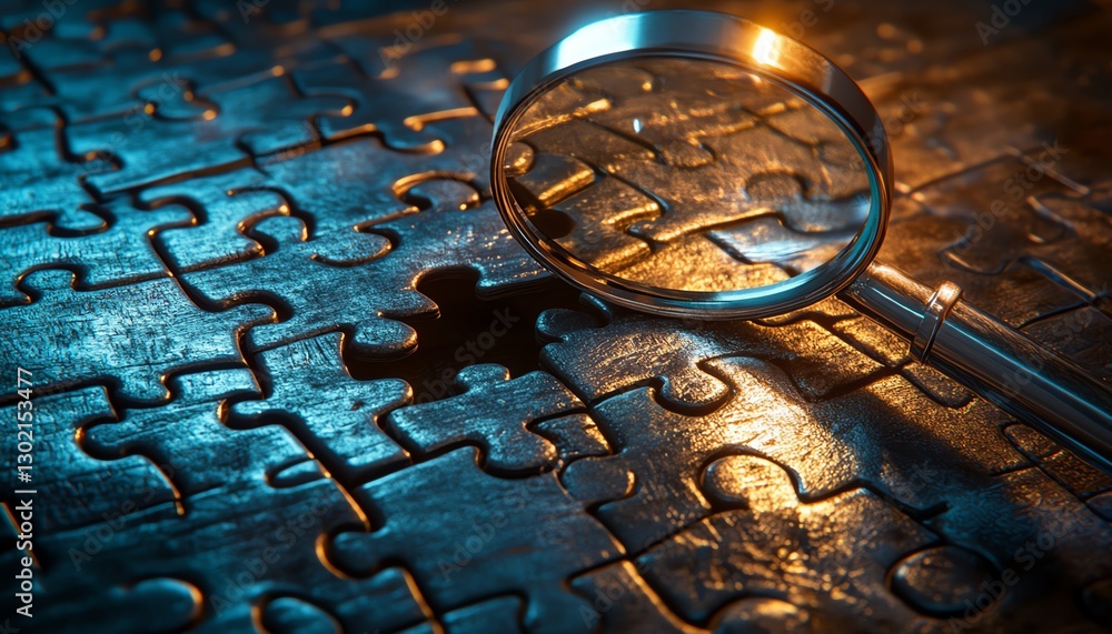 Business concept of searching for solutions, a magnifying glass hovering over an incomplete puzzle, missing piece highlighted, dramatic lighting, ultraHD, Midjourney AI render Business concept of searching for solutions, a magnifying glass hovering over an incomplete puzzle, missing piece highlighted, dramatic lighting, ultraHD, Midjourney AI render