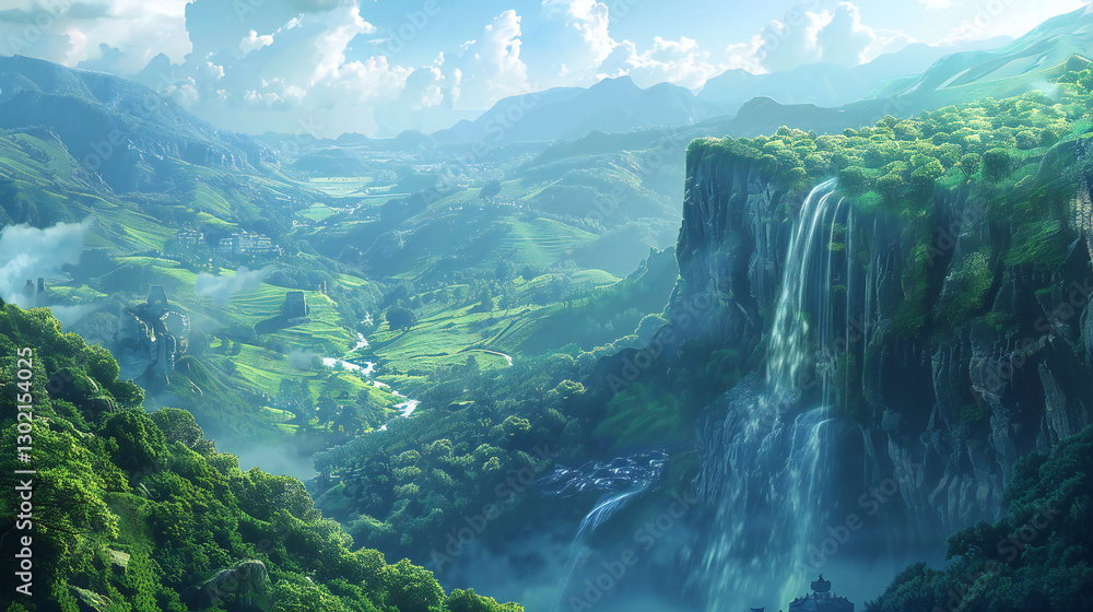 A breathtaking view of a waterfall cascading into a lush green valley below.
A breathtaking view of a waterfall cascading into a lush green valley below.