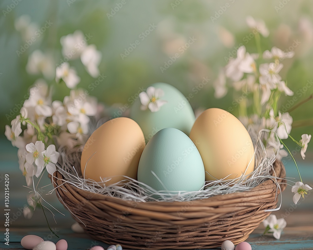 Colorful eggs in a nest surrounded by flowers. Colorful eggs in a nest surrounded by flowers.