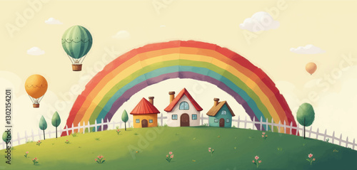 Watercolor rainbow over houses, balloons, and picket fence
