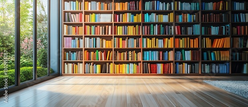 Fulllength bookshelf filled with colorful books photo