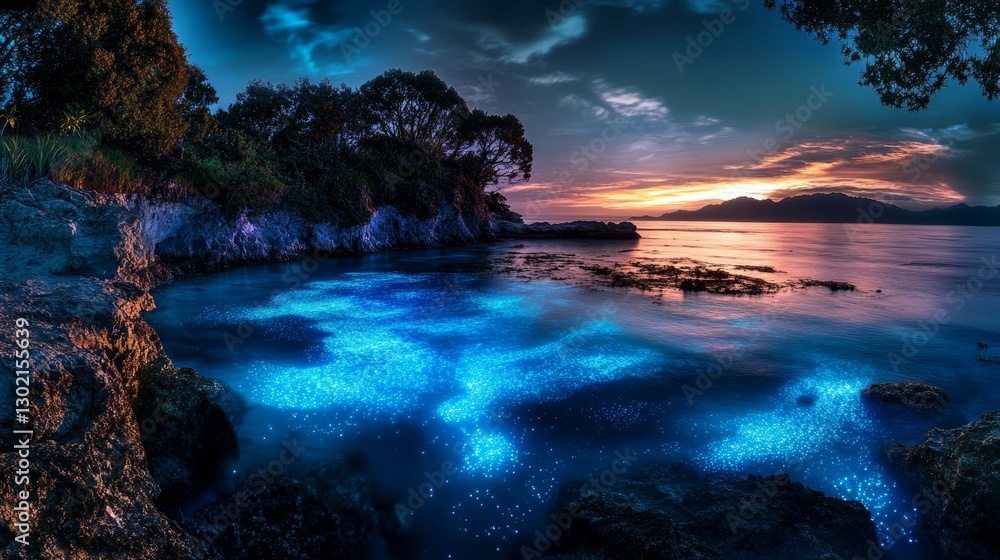 Fototapeta premium Glowing Tide: Bioluminescent Bay at Dusk 