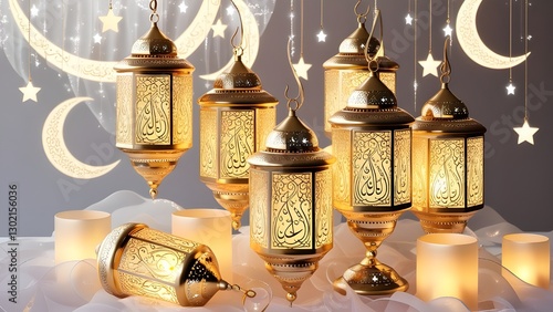 Elegant golden Ramadan lanterns with intricate Islamic patterns, softly glowing and arranged with crescent moons and stars on a transparent background.
