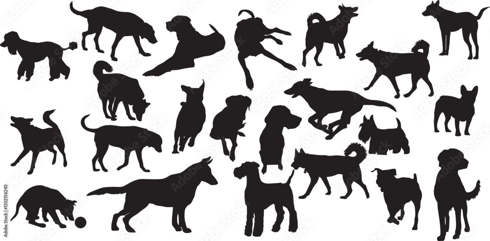Dogs, set, vector, silhouette, in various pose, white, background Dogs, set, vector, silhouette, in various pose, white, background