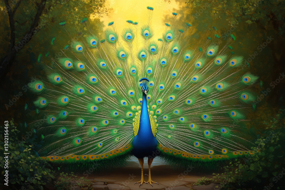 Obraz premium vibrant oil painting of male peacock standing proudly in lush forest, showcasing its colorful feathers and intricate patterns. serene background enhances beauty of this majestic bird