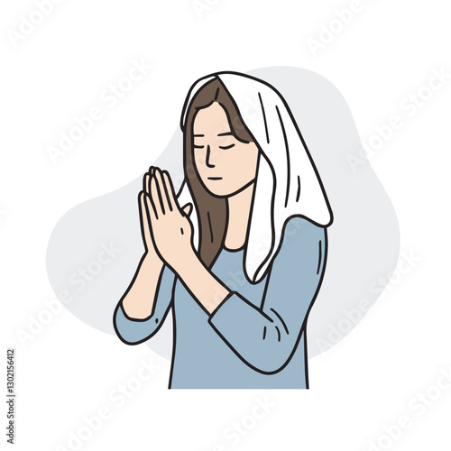A woman praying with a mist gun on her head. A religious vector illustration of Catholic and Protestant relations.