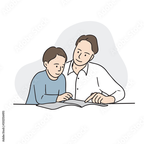 The father and son are reading a book together. A male teacher is teaching the boy. Hand-drawn vector illustrations of education.