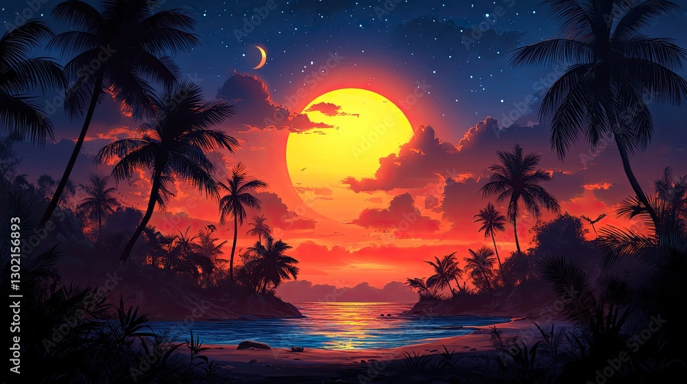 Obraz premium Tropical island sunset seascape, vibrant colors, serene view, digital art, background, stock photo