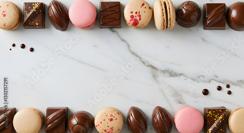  Chocolate Truffles and Macarons on Marble Background