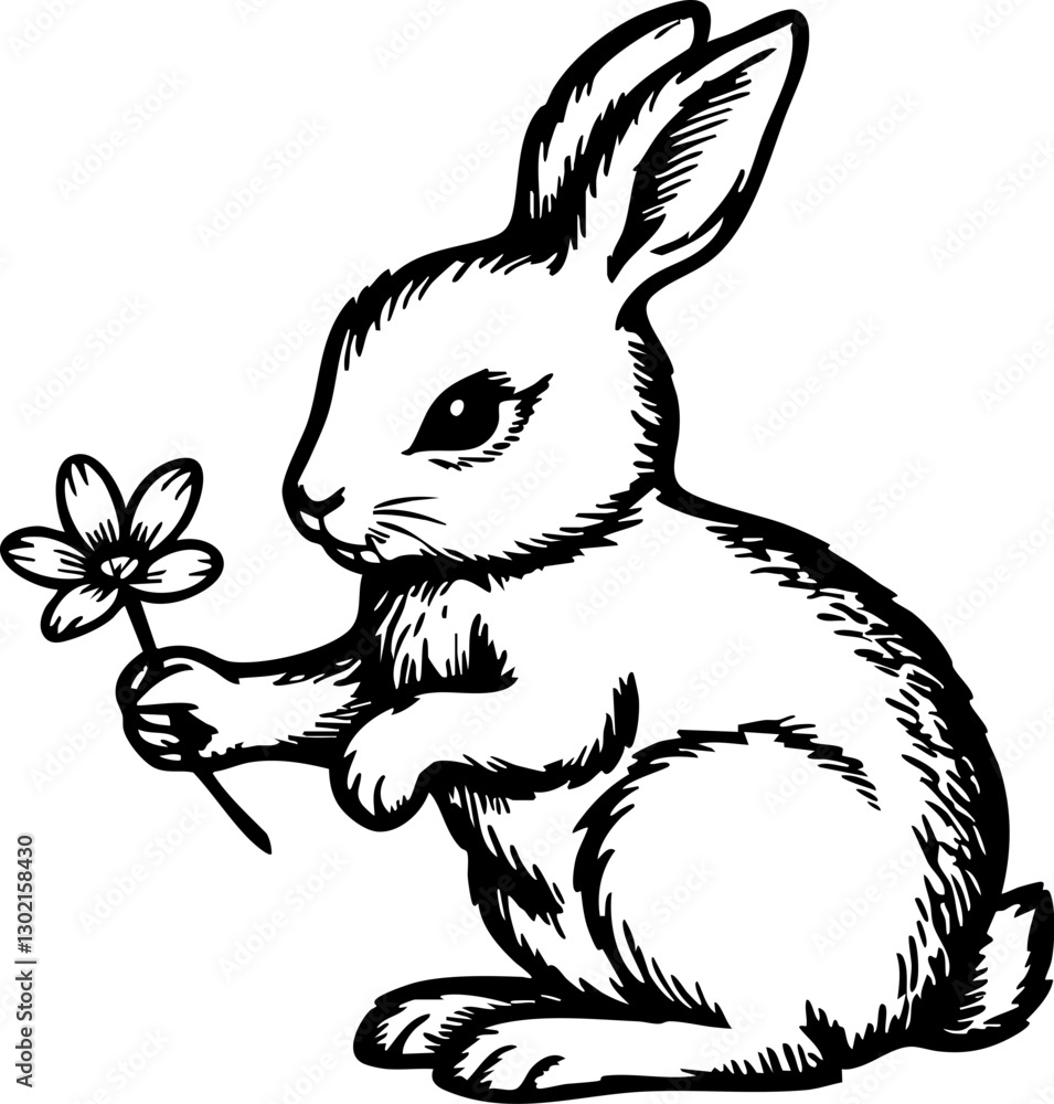 Obraz premium Playful rabbit holding a flower enchanted garden illustration whimsical close-up nature's beauty