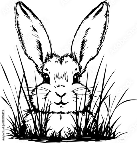 Whimsical rabbit in tall grass nature black and white illustration artistic viewpoint playful concept for animal lovers