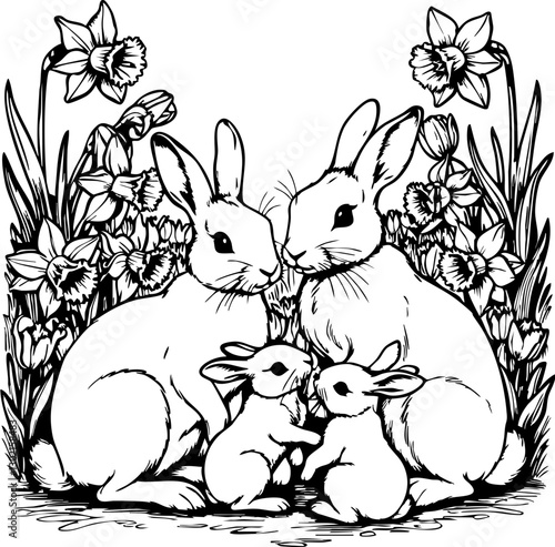 Family of bunnies among daffodils garden setting illustration spring atmosphere close-up view whimsical nature