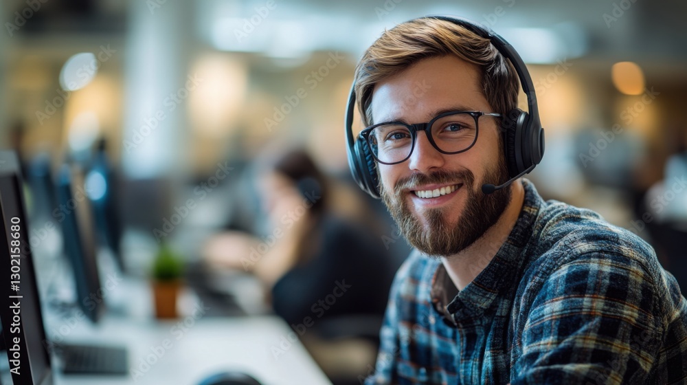Smiling Young Professional with Headset in Modern Office Environment Smiling Young Professional with Headset in Modern Office Environment
