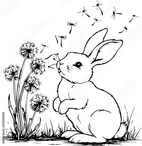 Playful rabbit among dandelions meadow illustration whimsical ground level nature's beauty