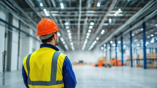 Worker in Safety Helmet Watches Large Empty Warehouse Space