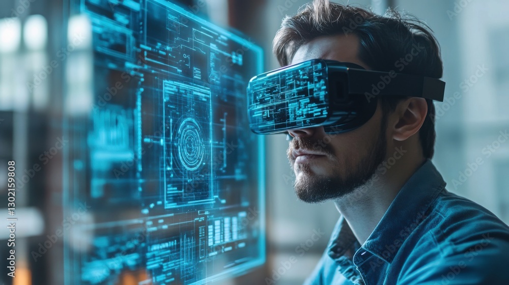 Young Man Engaged in Virtual Reality Experience with Digital Display Young Man Engaged in Virtual Reality Experience with Digital Display
