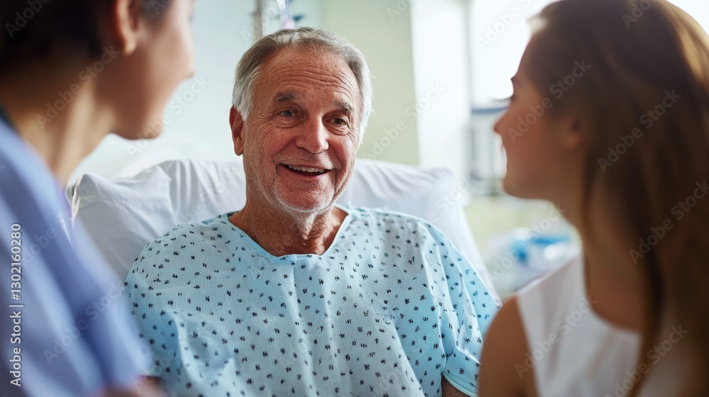 Obraz premium Senior Patient Smiles With Nurse and Family in Hospital Bed 