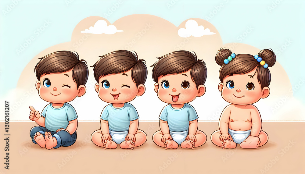 Cartoon A playful cartoon scene with five babies sitting in a row Cartoon A playful cartoon scene with five babies sitting in a row