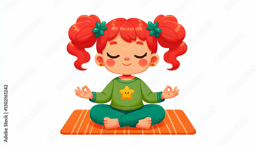 Fototapeta premium Cartoon A serene cartoon child with red pigtails, wearing a green shirt with a yellow star, sitting cross-le2