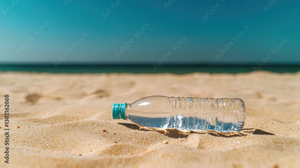 Heatstroke Dehydration Danger Concept, Abandoned Water Bottle on Sun-Baked Sand by the Ocean Shore Heatstroke Dehydration Danger Concept, Abandoned Water Bottle on Sun-Baked Sand by the Ocean Shore