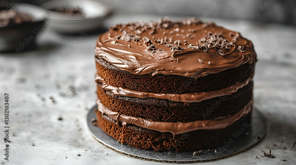 Chocolate layer cake with creamy frosting and chocolate shavings. A rich and moist homemade dessert with multiple layers on a rustic background Chocolate layer cake with creamy frosting and chocolate shavings. A rich and moist homemade dessert with multiple layers on a rustic background