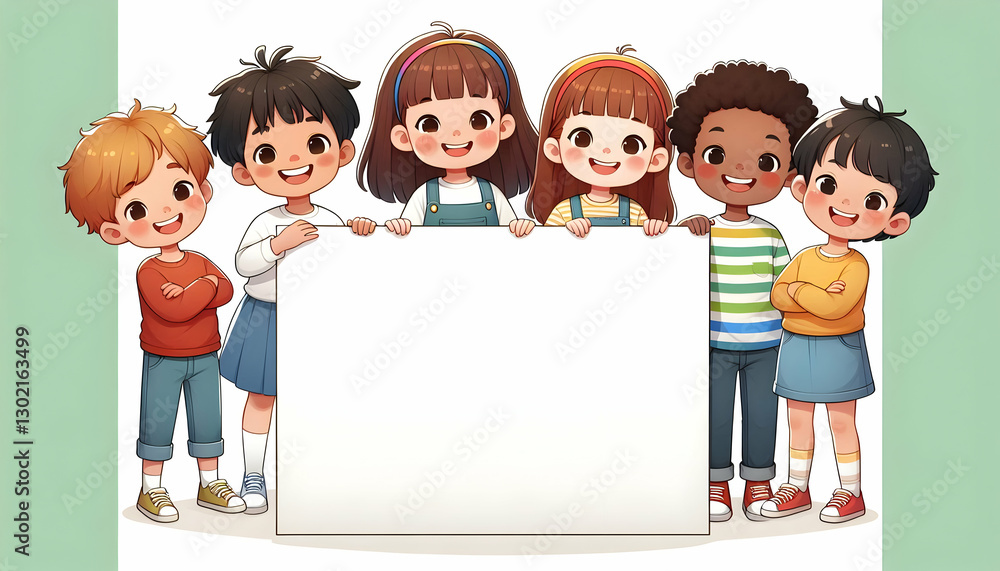 Cartoon A bright and cheerful cartoon illustration of six diverse children standing behind a large blank whi4 Cartoon A bright and cheerful cartoon illustration of six diverse children standing behind a large blank whi4
