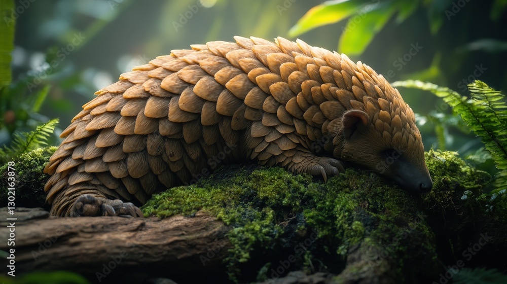 Pangolin resting on mossy log tropical forest wildlife photography tranquil environment close-up view nature's wonders Pangolin resting on mossy log tropical forest wildlife photography tranquil environment close-up view nature's wonders