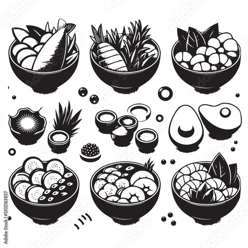 poke bowl collection. Salmon, cucumber, tomato, egg, shrimp, and other vector silhouette