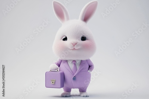 Adorable 3D bunny in a lavender suit, holding a briefcase, ready for work.