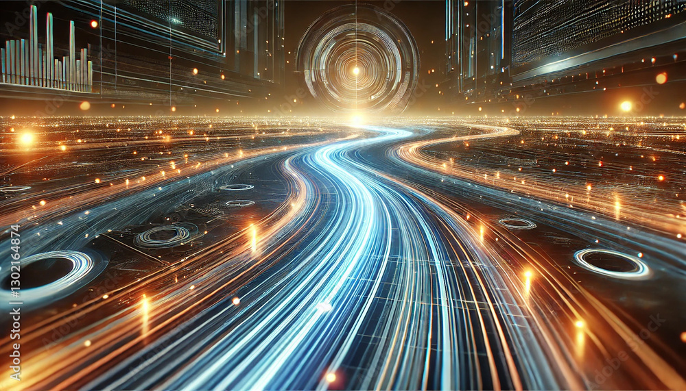 光のラインが障害物を避けて流れるビジュアル – 適応性とデータフローの象徴｜Glowing Light Trails Navigating Around Obstacles – Symbol of Adaptability and Data Flow