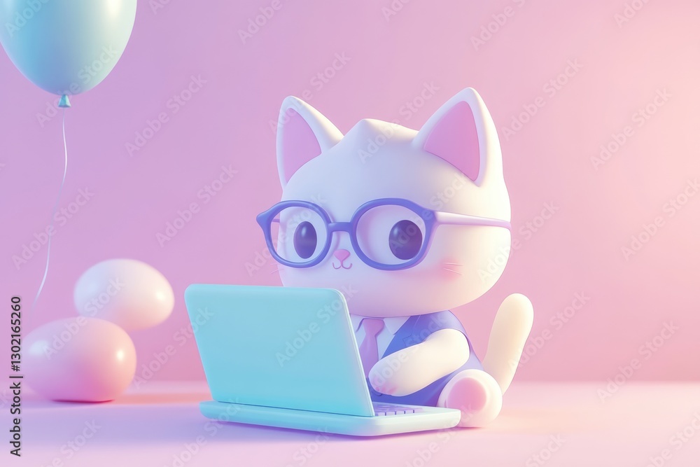 Fototapeta premium Cute cartoon cat wearing glasses works on a laptop with pastel balloons in the background.