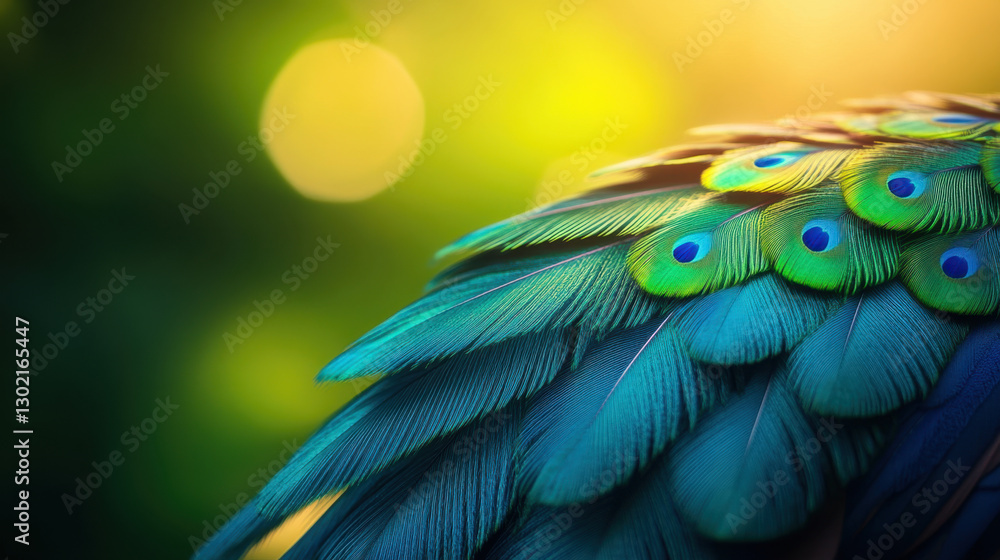 Obraz premium High detailed close up image of vibrant peacock feathers showcasing iridescent colors and intricate patterns, evoking sense of natural beauty and elegance