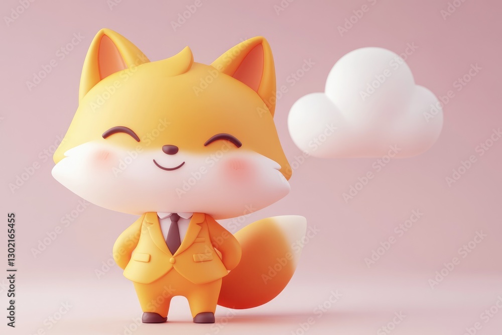 A cute, smiling fox in a yellow suit stands against a pale pink background with a white cloud. A cute, smiling fox in a yellow suit stands against a pale pink background with a white cloud.