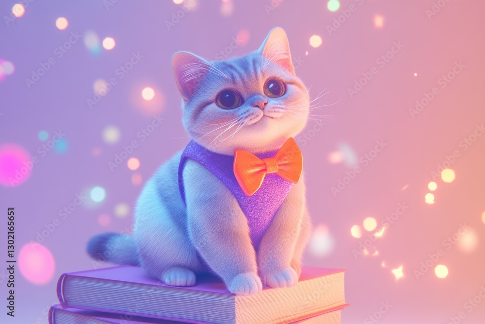 Fototapeta premium Adorable kitten wearing a bow tie sits on a stack of books in a dreamy, colorful setting.