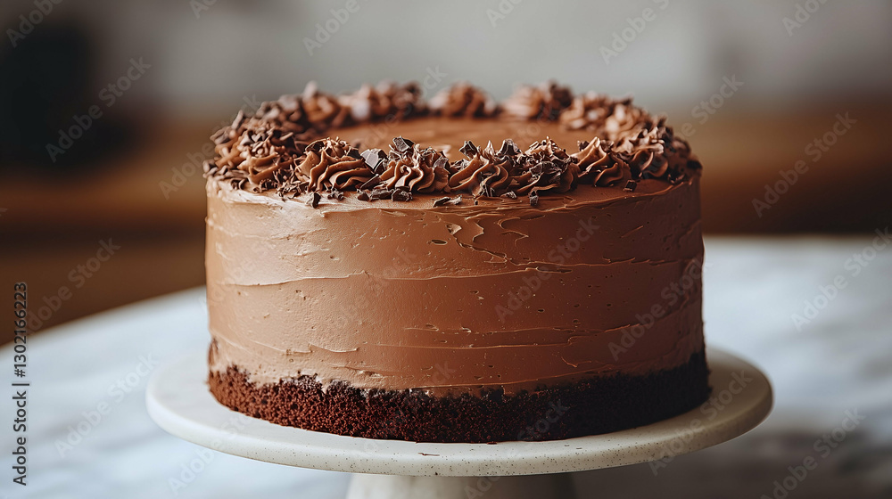 Chocolate Cake with Buttercream Frosting and Chocolate Shavings on a Cake Stand Chocolate Cake with Buttercream Frosting and Chocolate Shavings on a Cake Stand