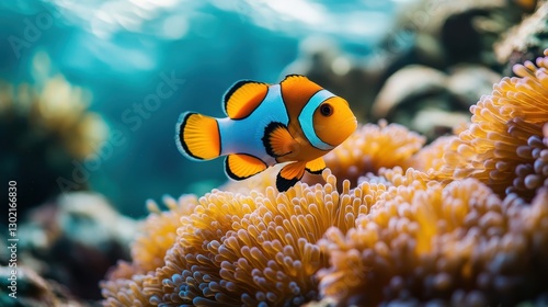 Clownfish swimming amongst coral reefs underwater world marine life vibrant environment close-up view ocean ecosystem