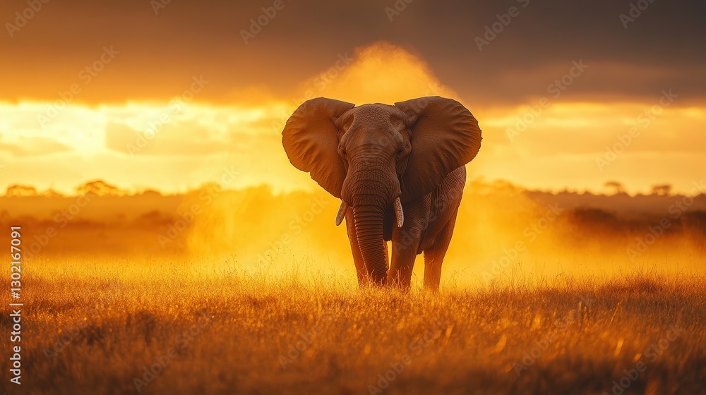Obraz premium Majestic elephant walking through golden grasslands at sunset nature photography wildlife serene environment