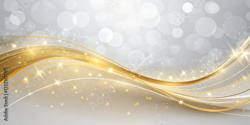 Abstract silver white background with golden light shining with golden wave lines at the bottom of the image with golden and white bokeh.
