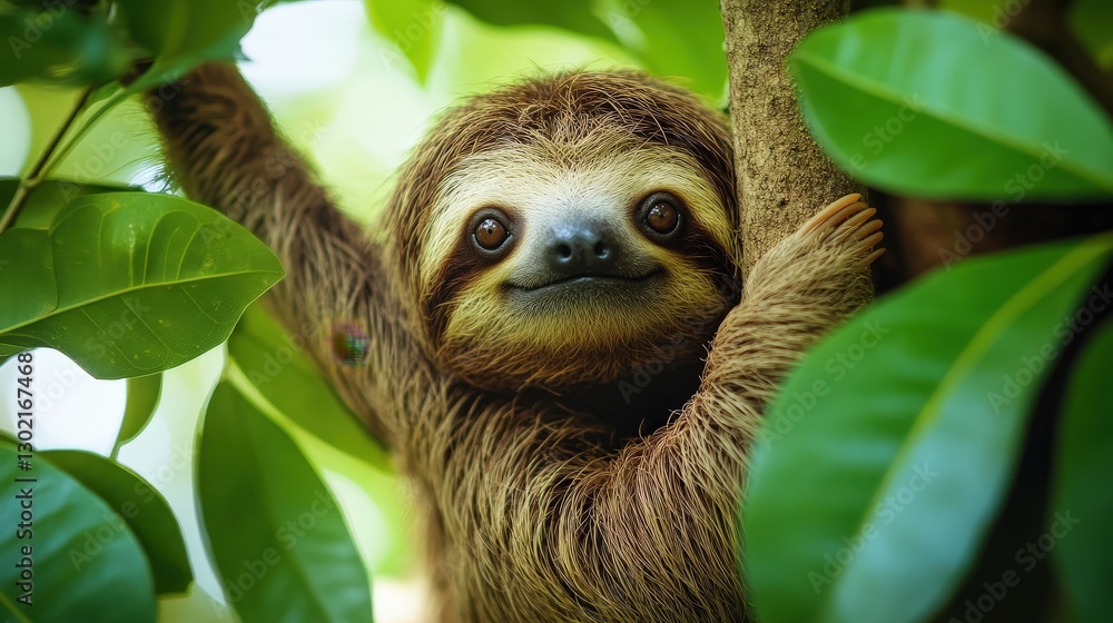 Naklejka premium Sloth climbing tree tropical forest wildlife photography lush environment close-up view nature conservation