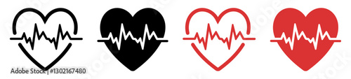 Set of heart icons with heartbeat lines. Includes outline, filled, red and black versions. Perfect for healthcare, medical, fitness, cardiology, and wellness themes. Vector illustration. Heart, icons.