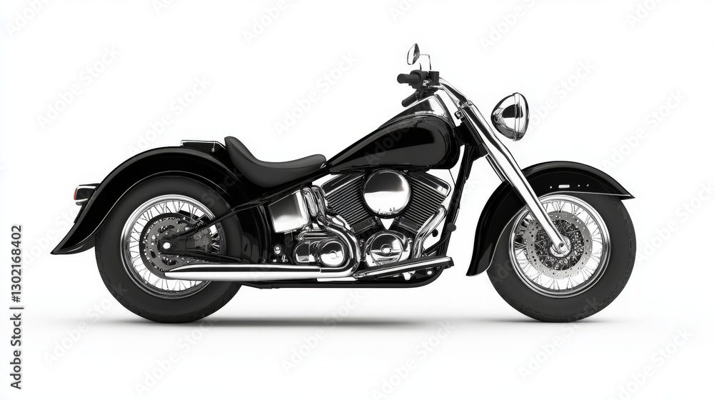 Black Classic Cruiser Motorcycle with Chrome Accents on White Background