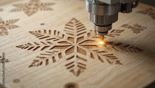 Wooden laser cut. CNC Machine Engraving Intricate Snowflake Design on Wooden Surface