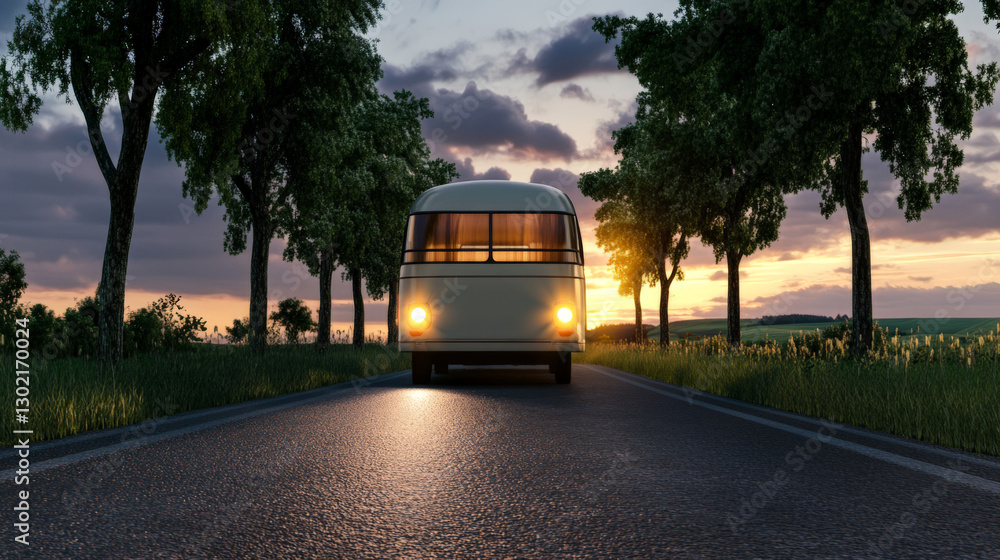 Obraz premium Vintage Camper Van on Country Road at Sunset