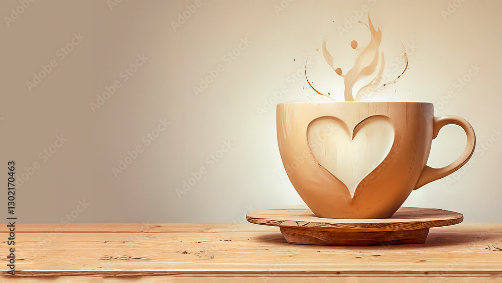 Artistic heart shaped coffee cup and rising steam on wooden table, with copy space