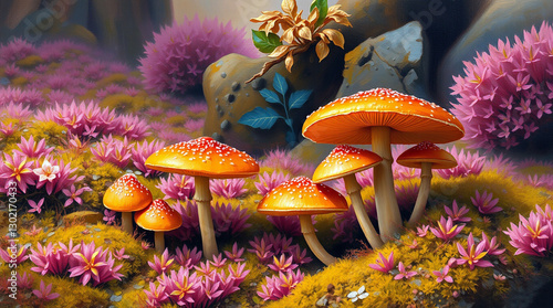 mushrooms in the forest, vibrant color mushrooms 