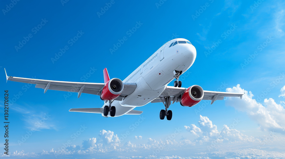 Obraz premium White Airplane in Flight Above Blue Sky and Fluffy Clouds