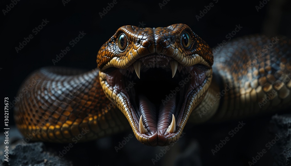 Fototapeta premium Close-up of a Venomous Snake with Open Jaws, showcasing intricate details of scales and fangs, dark background emphasizing its menacing presence.