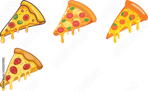 Slice pizza with melted cheese dropping from pizza watercolor vector art set 